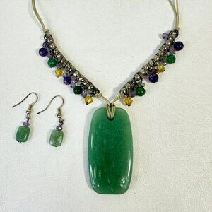 Green Stone Jewelry Set Corded Pendant Necklace Faceted‎ Cut Stone Earrings